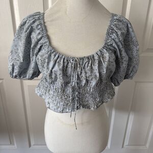 Emory Park Womens Milkmaid Cropped Top Large Floral Cottagecore Peasant Blue